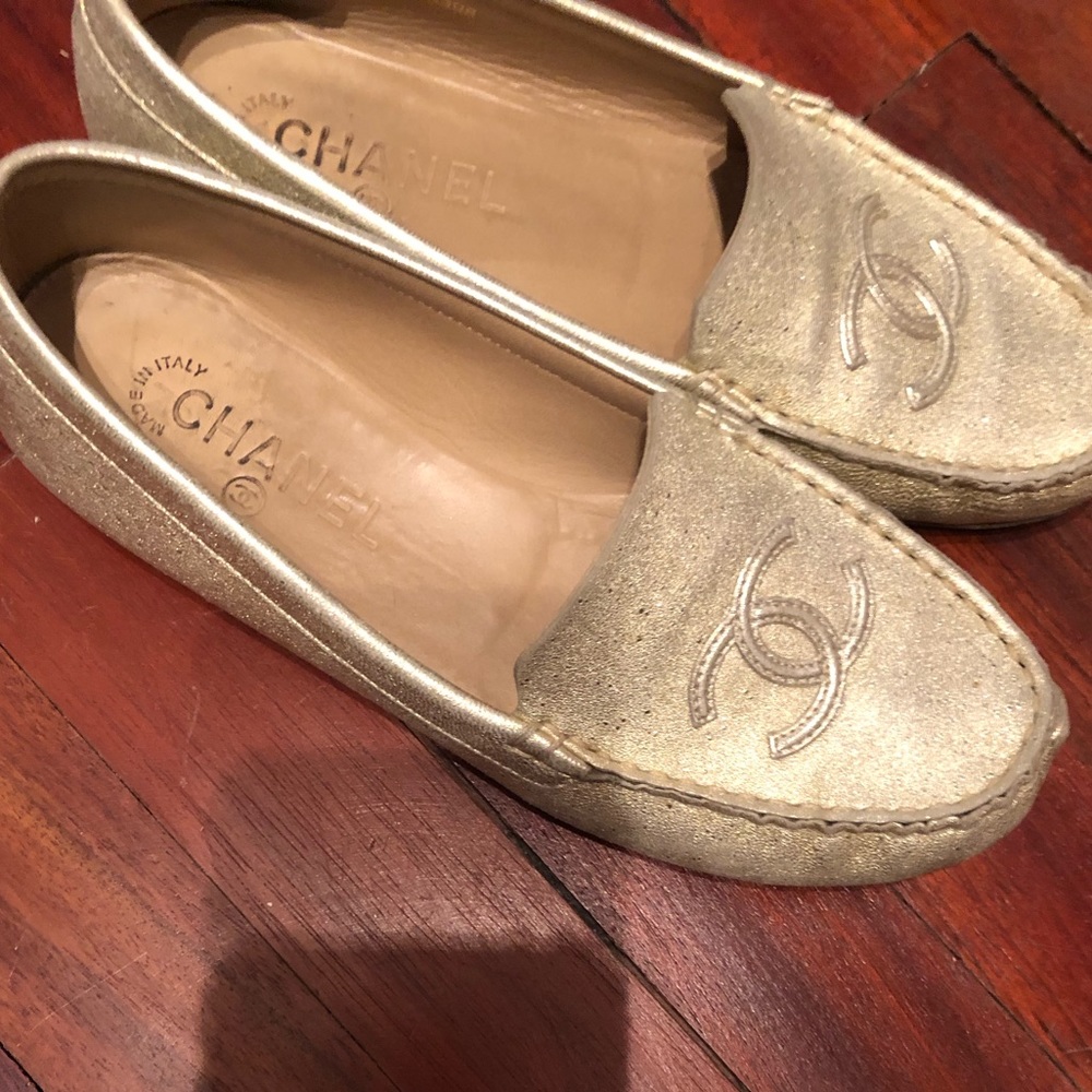 **Authentic Chanel Gold Loafers**
